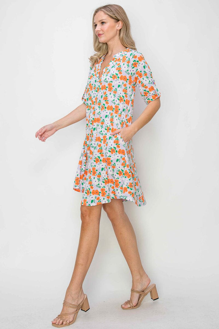 WOMEN'S SHORT SLEEVE V-NECK POCKETS FLORAL PRINT TUNIC MINI DRESS