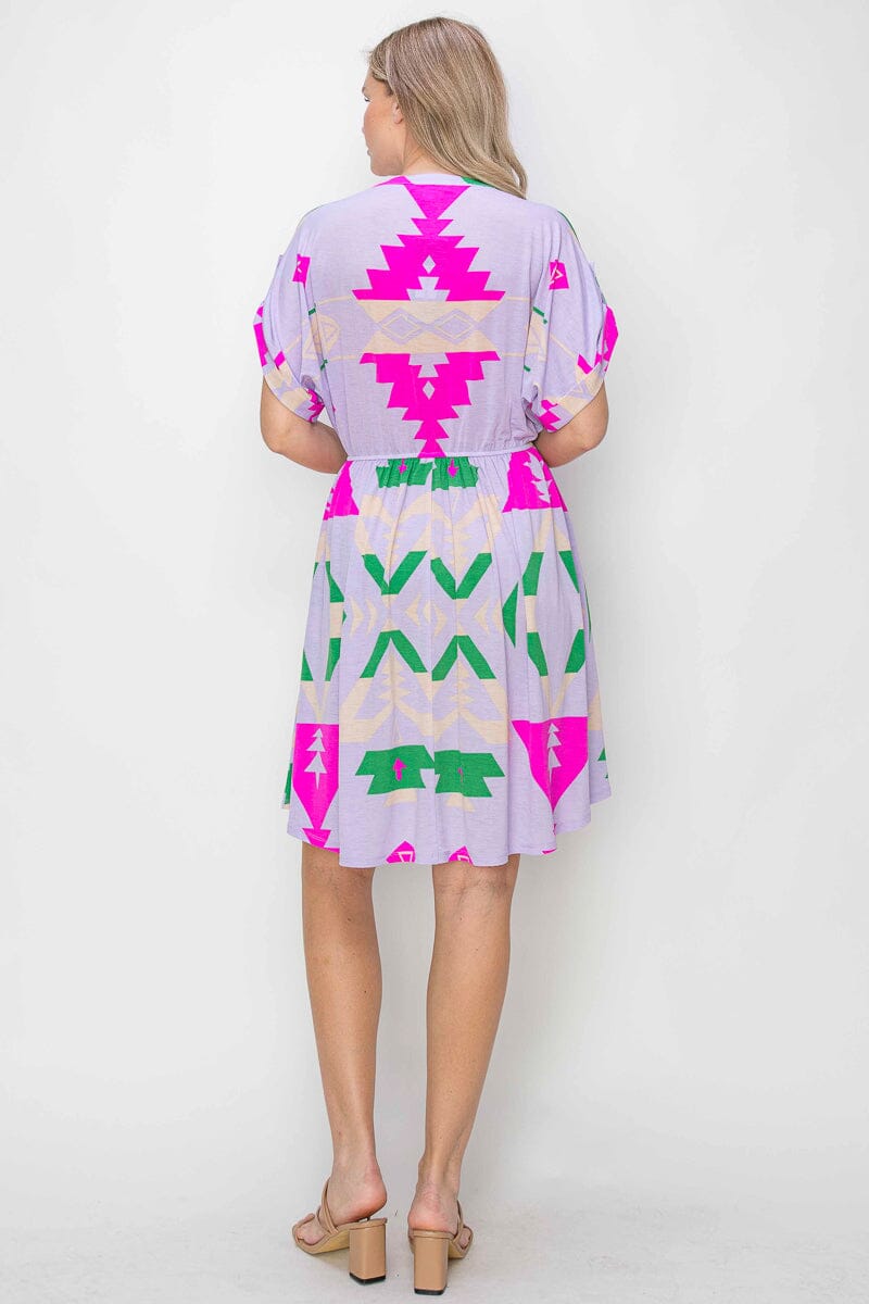 WOMEN'S SHORT SLEEVE V-NECK ELASTIC WAIST MULTI PRINT MINI DRESS