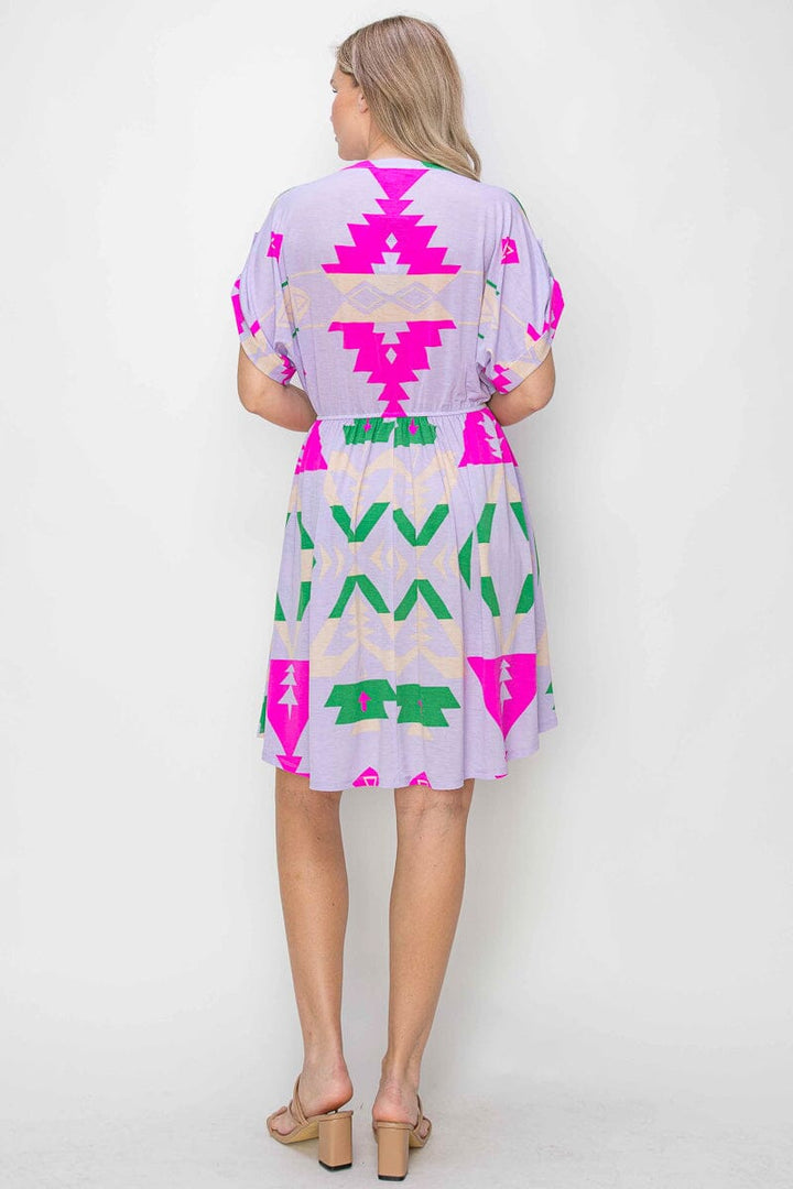 WOMEN'S SHORT SLEEVE V-NECK ELASTIC WAIST MULTI PRINT MINI DRESS