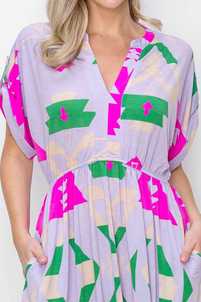 WOMEN'S SHORT SLEEVE V-NECK ELASTIC WAIST MULTI PRINT MINI DRESS