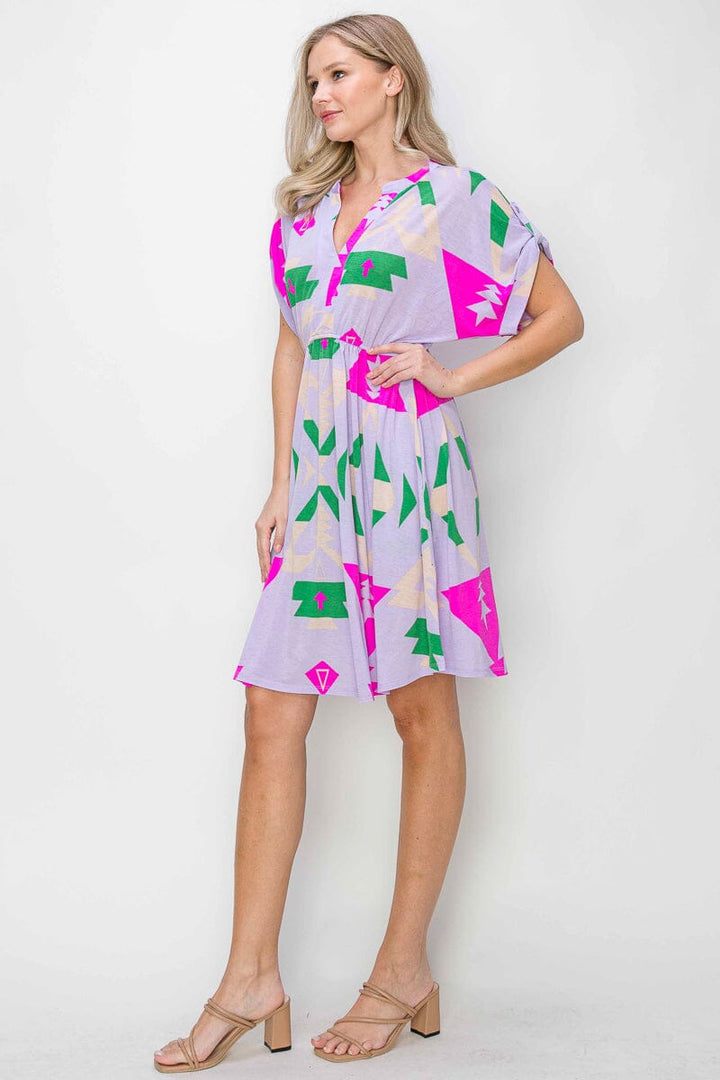 WOMEN'S SHORT SLEEVE V-NECK ELASTIC WAIST MULTI PRINT MINI DRESS