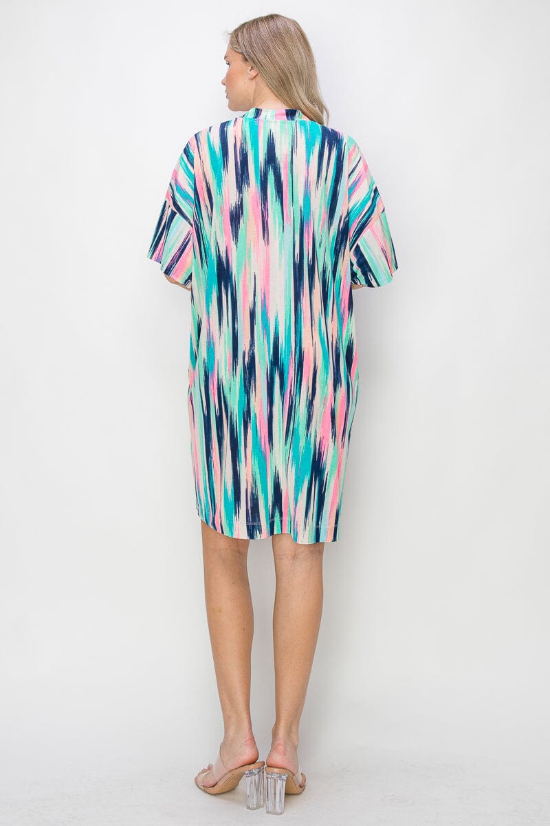 WOMEN'S SHORT SLEEVE V-NECK POCKETS MULTI PRINT TUNIC MINI DRESS