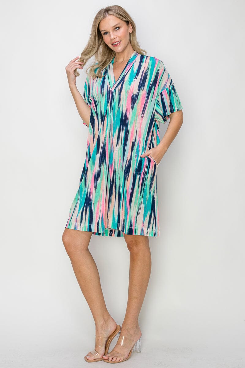 WOMEN'S SHORT SLEEVE V-NECK POCKETS MULTI PRINT TUNIC MINI DRESS