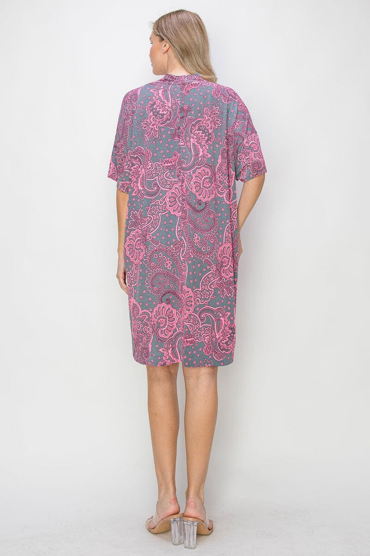 WOMEN'S SHORT SLEEVE V-NECK POCKETS TUNIC MULTI PRINT MINI DRESS