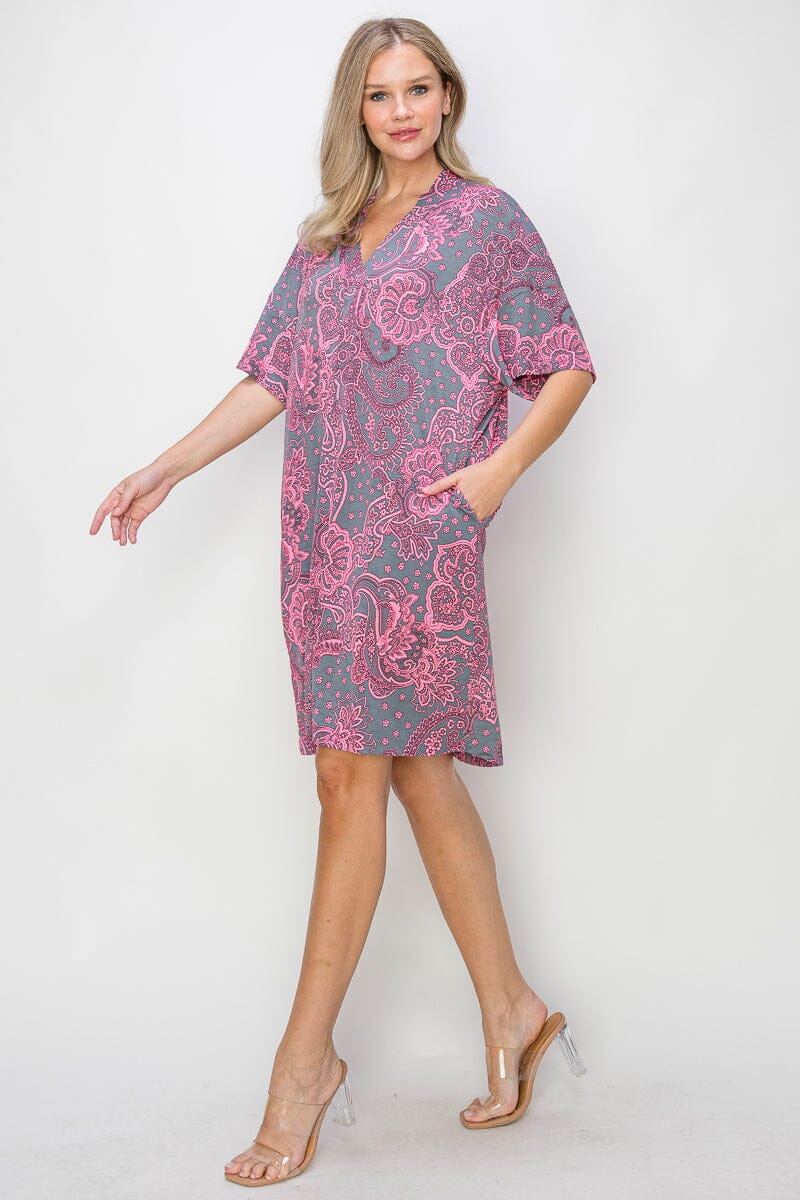 WOMEN'S SHORT SLEEVE V-NECK POCKETS TUNIC MULTI PRINT MINI DRESS