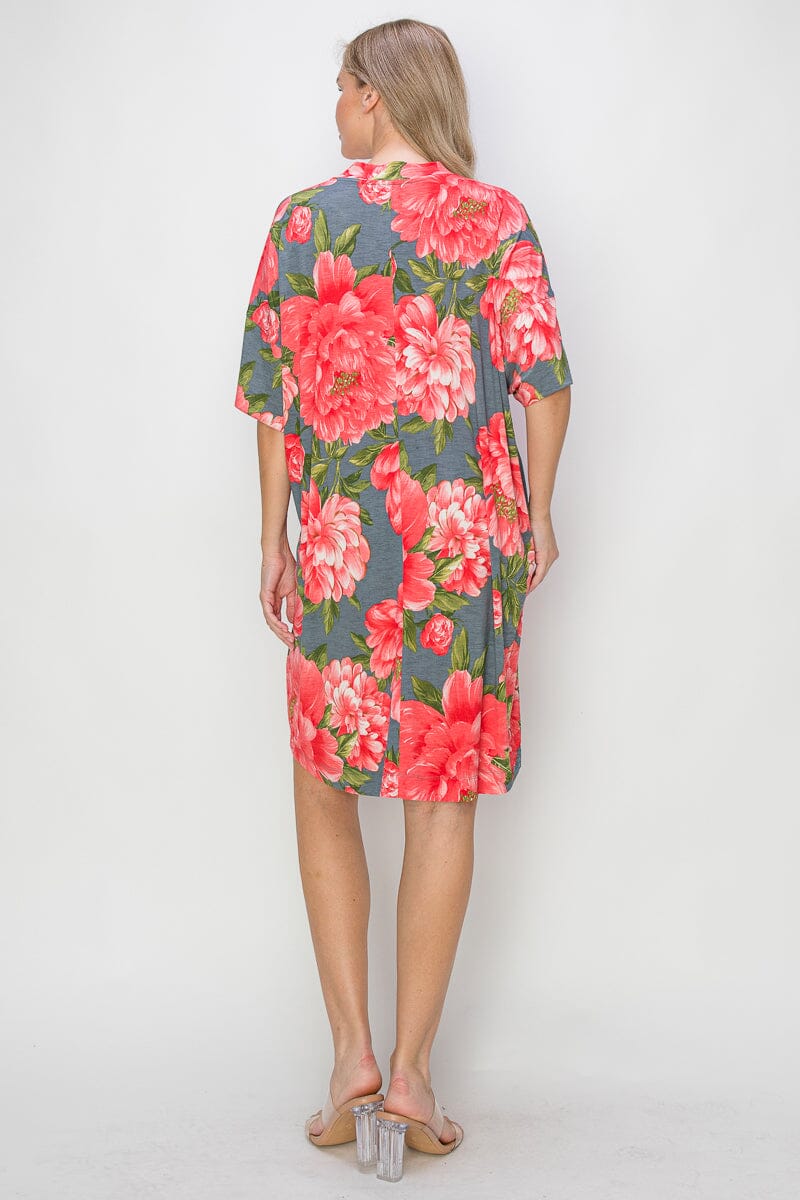 WOMEN'S SHORT SLEEVE V-NECK POCKETS FLORAL PRINT TUNIC MINI DRESS