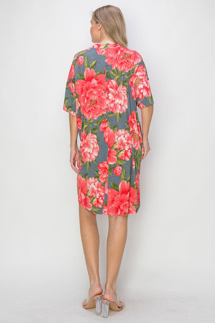 WOMEN'S SHORT SLEEVE V-NECK POCKETS FLORAL PRINT TUNIC MINI DRESS