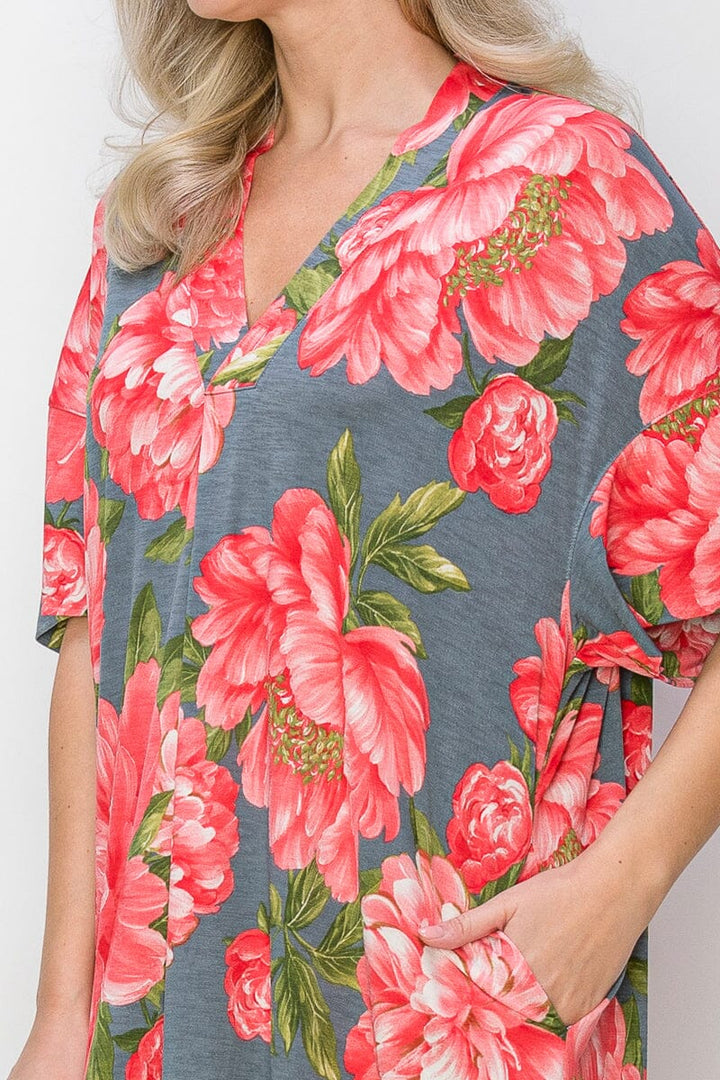 WOMEN'S SHORT SLEEVE V-NECK POCKETS FLORAL PRINT TUNIC MINI DRESS