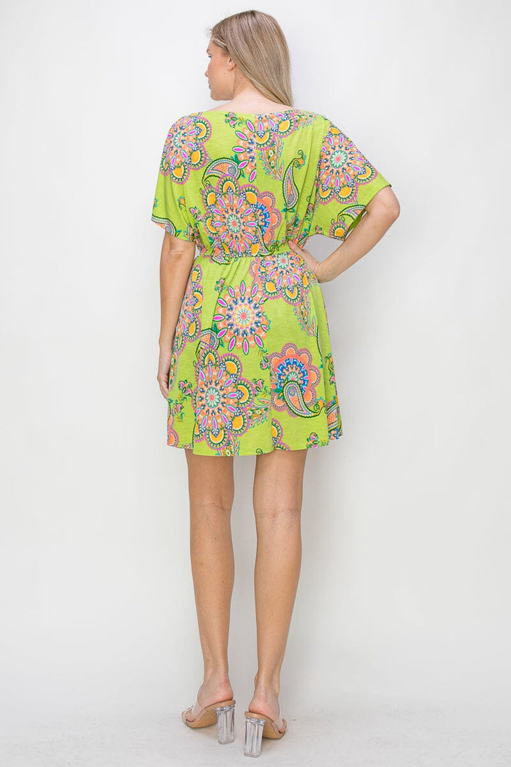WOMEN'S SHORT SLEEVE V-NECK POCKETS ELASTIC WAIST SHORTS LINING MULTI PRINT MINI DRESS