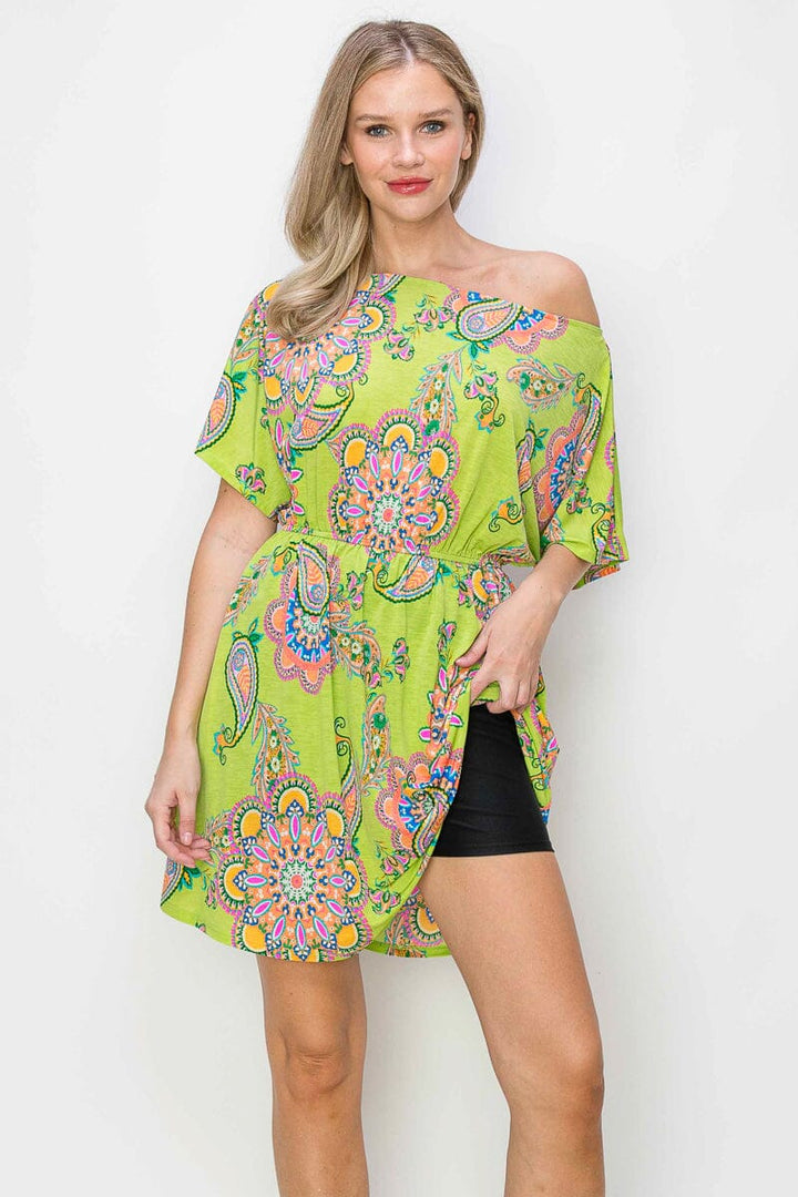WOMEN'S SHORT SLEEVE V-NECK POCKETS ELASTIC WAIST SHORTS LINING MULTI PRINT MINI DRESS