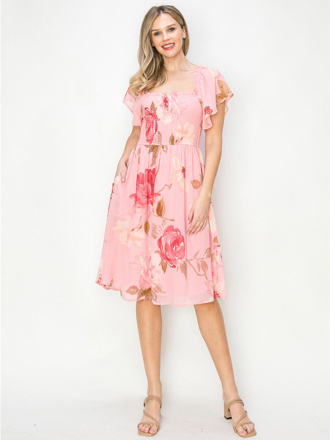 WOMEN'S SHORT SLEEVES SQUARE NECK SMOCK FLORAL MIDI DRESS