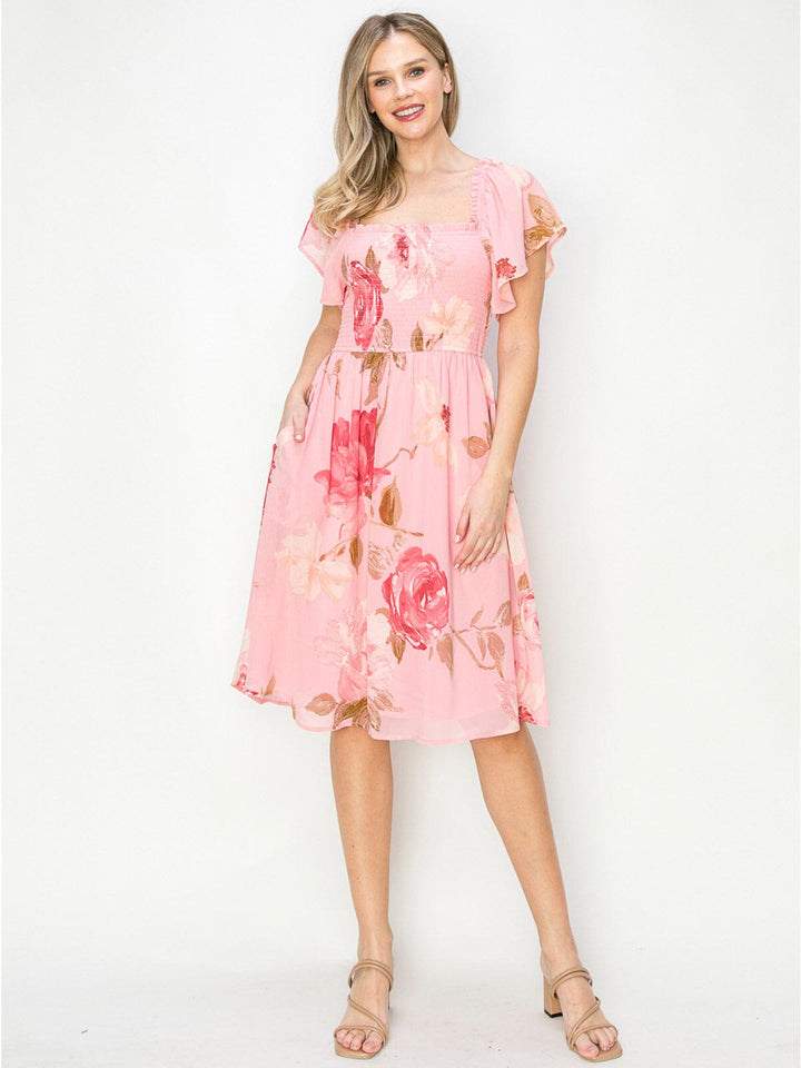 WOMEN'S SHORT SLEEVES SQUARE NECK SMOCK FLORAL MIDI DRESS