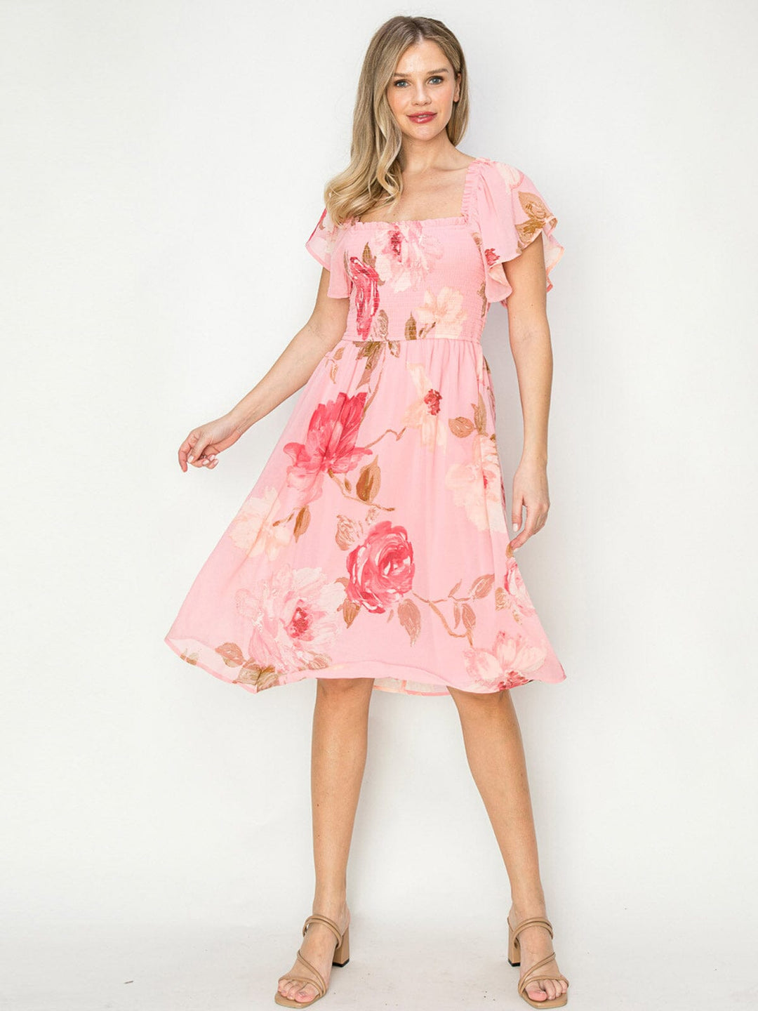 WOMEN'S SHORT SLEEVES SQUARE NECK SMOCK FLORAL MIDI DRESS