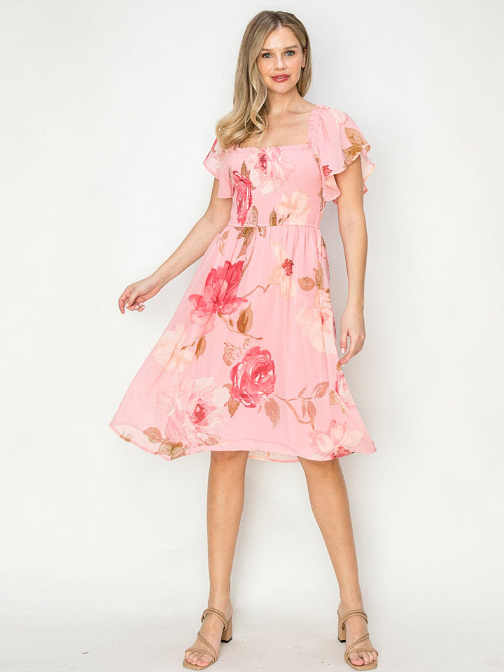 WOMEN'S SHORT SLEEVES SQUARE NECK SMOCK FLORAL MIDI DRESS