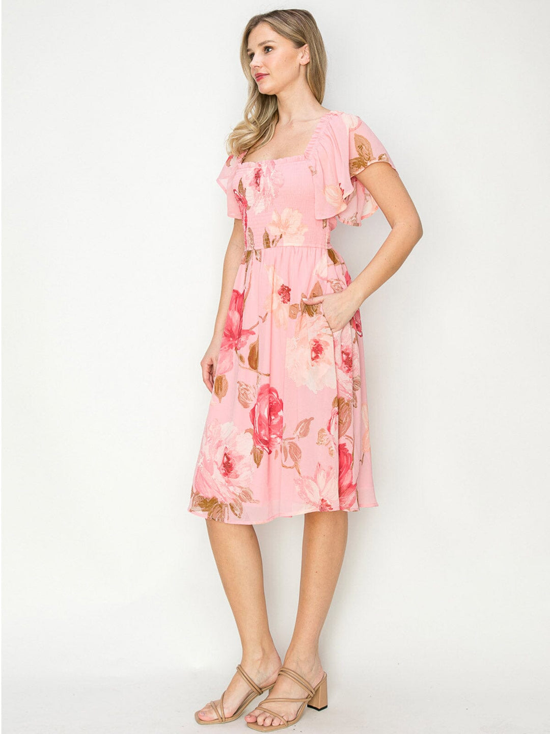 WOMEN'S SHORT SLEEVES SQUARE NECK SMOCK FLORAL MIDI DRESS