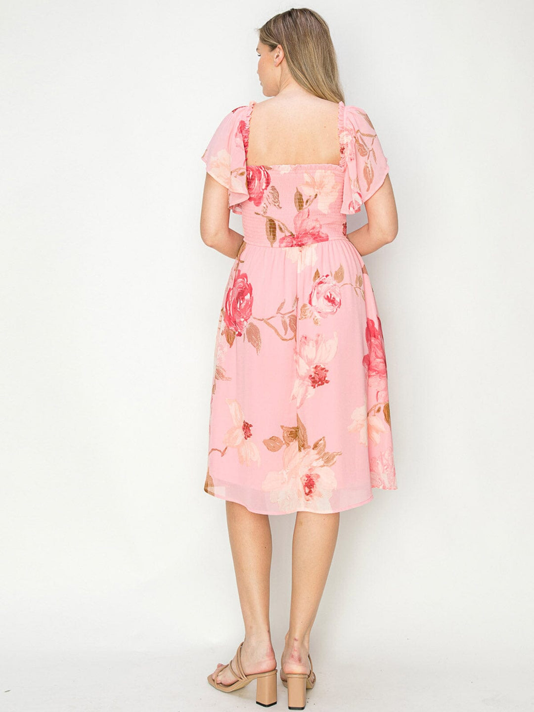 WOMEN'S SHORT SLEEVES SQUARE NECK SMOCK FLORAL MIDI DRESS