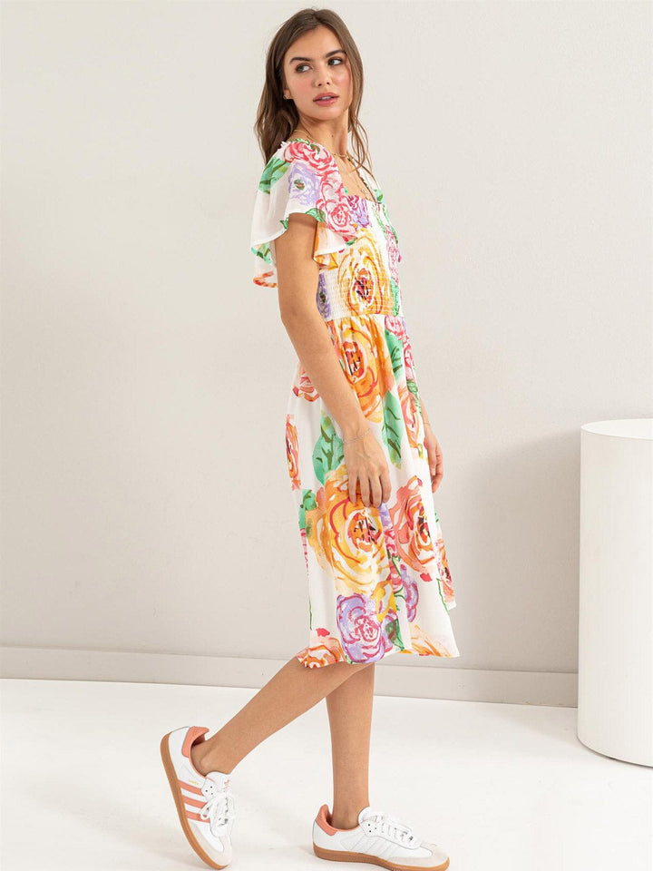WOMEN'S SHORT SLEEVES SQUARE NECK SMOCK FLORAL MIDI DRESS