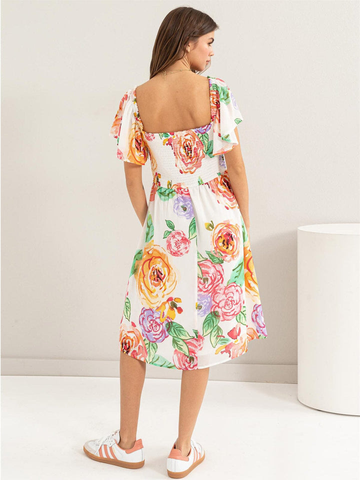 WOMEN'S SHORT SLEEVES SQUARE NECK SMOCK FLORAL MIDI DRESS