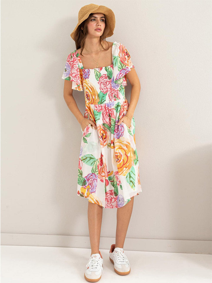 WOMEN'S SHORT SLEEVES SQUARE NECK SMOCK FLORAL MIDI DRESS