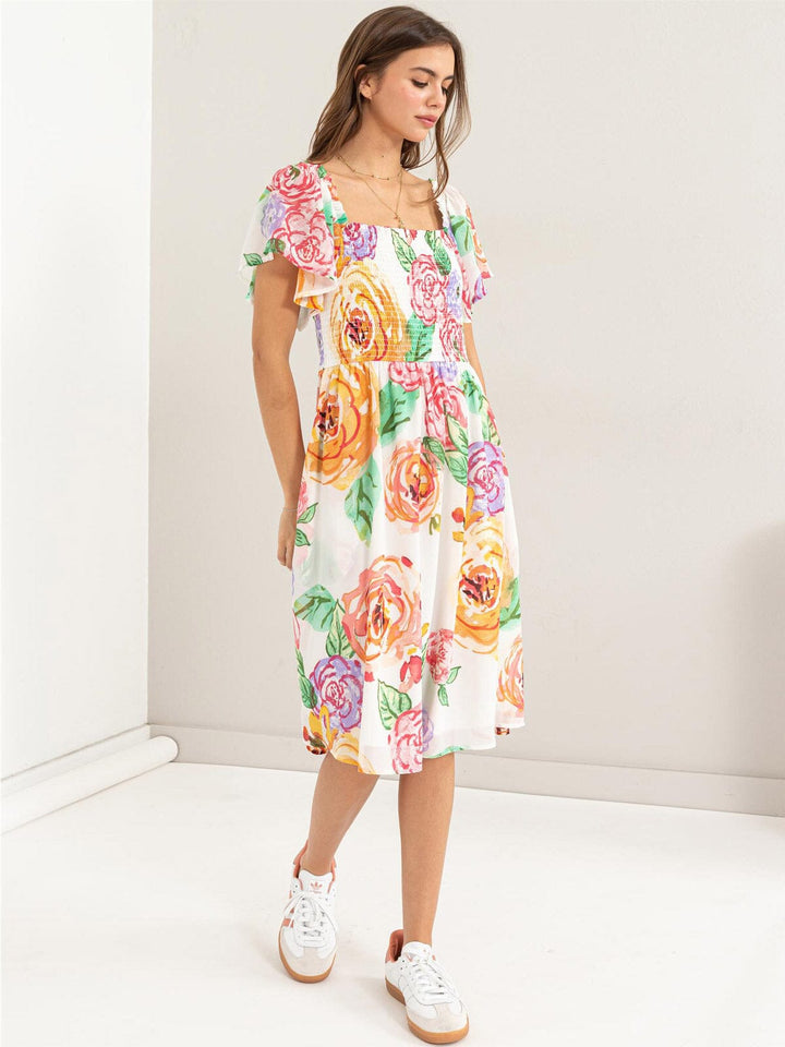 WOMEN'S SHORT SLEEVES SQUARE NECK SMOCK FLORAL MIDI DRESS