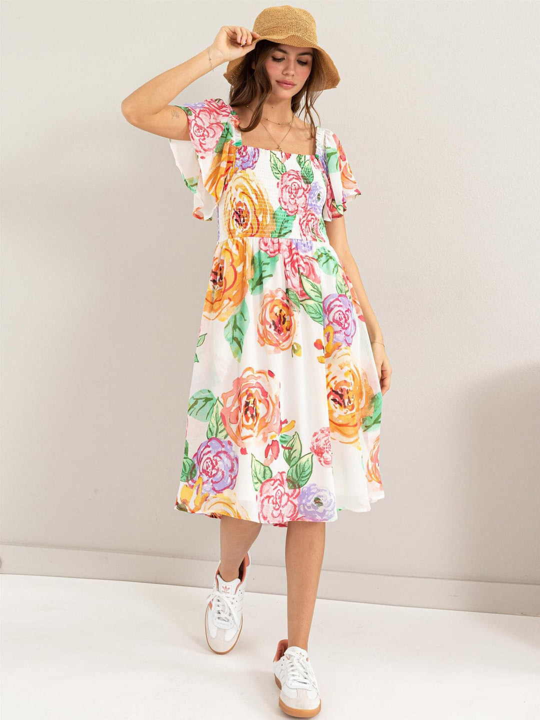 WOMEN'S SHORT SLEEVES SQUARE NECK SMOCK FLORAL MIDI DRESS