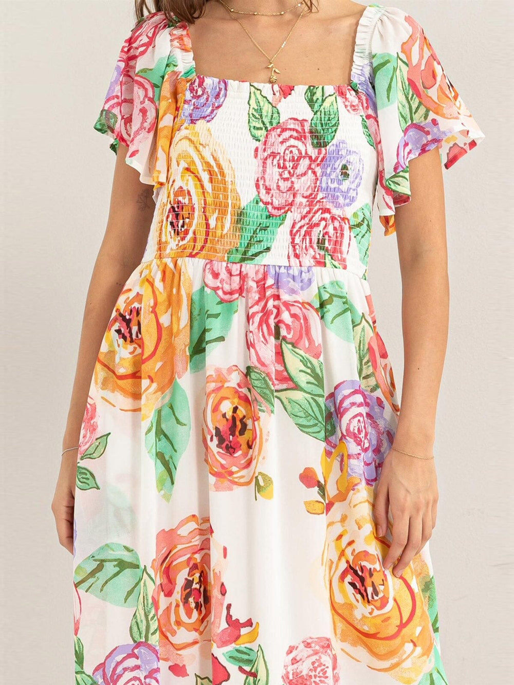 WOMEN'S SHORT SLEEVES SQUARE NECK SMOCK FLORAL MIDI DRESS