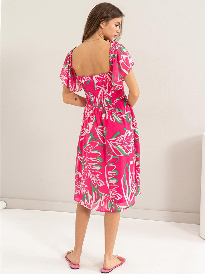 WOMEN'S SHORT SLEEVES SQUARE NECK SMOCK FLORAL MIDI DRESS