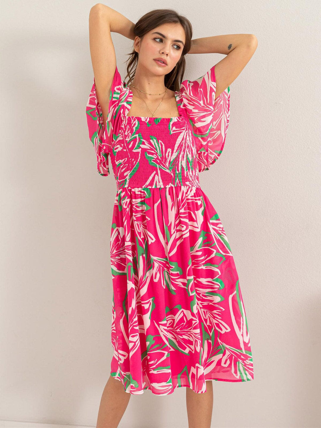 WOMEN'S SHORT SLEEVES SQUARE NECK SMOCK FLORAL MIDI DRESS