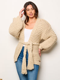 WOMEN'S LONG PUFF SLEEVE OPEN FRONT SELF TIE OVERSIZED CARDIGAN