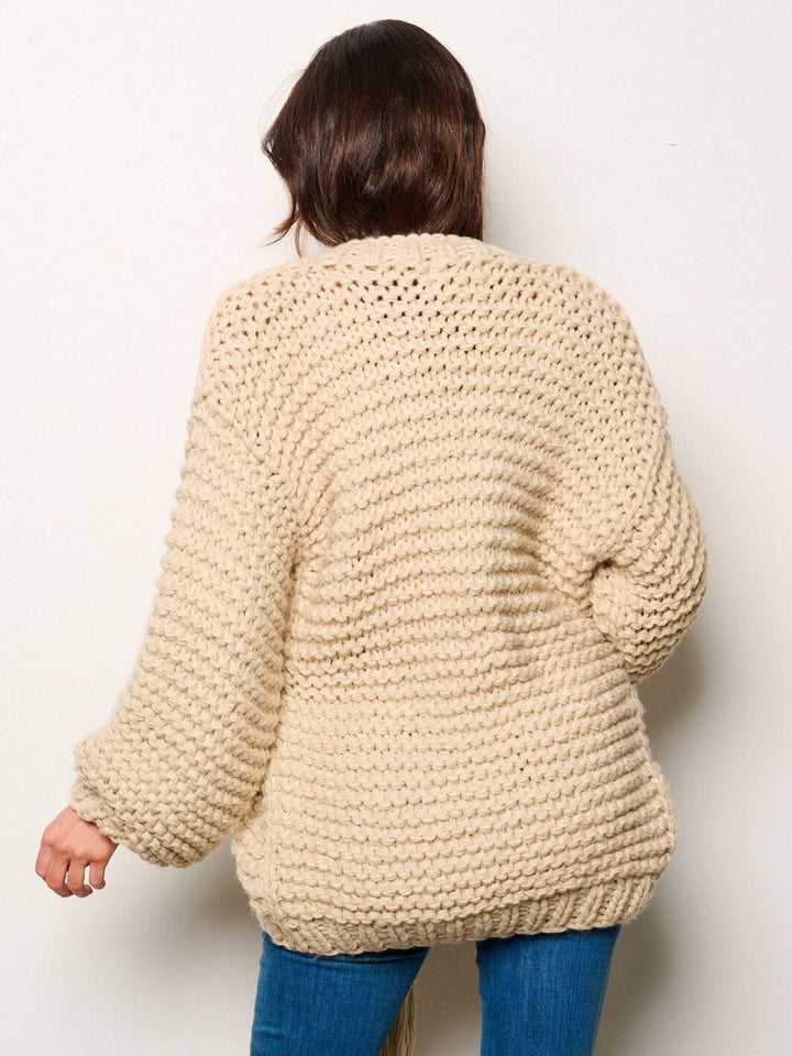 WOMEN'S LONG PUFF SLEEVE OPEN FRONT SELF TIE OVERSIZED CARDIGAN
