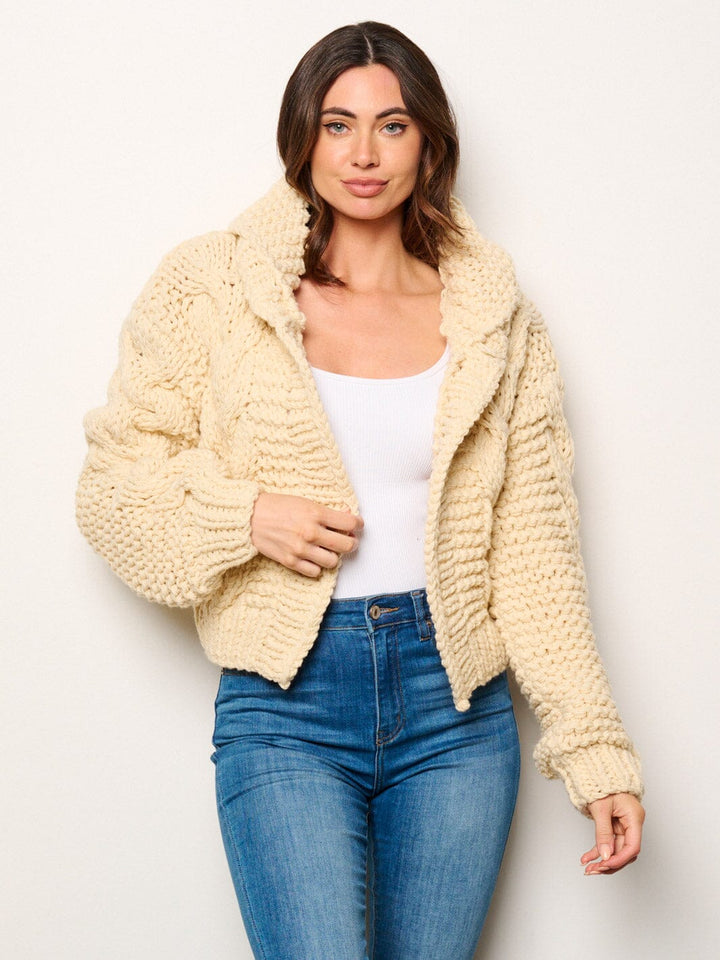 WOMEN'S LONG SLEEVE OPEN FRONT KNITTED HOODED CARDIGAN