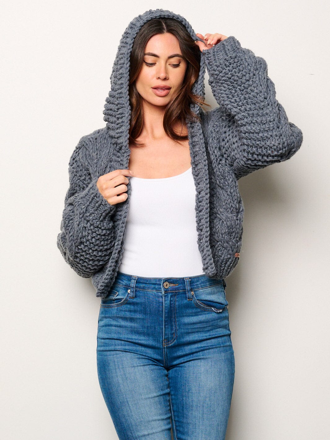 WOMEN'S LONG SLEEVE OPEN FRONT KNITTED HOODED CARDIGAN