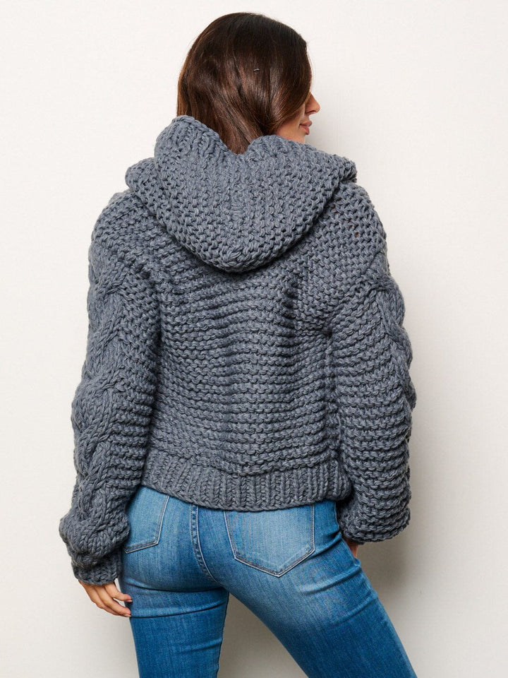 WOMEN'S LONG SLEEVE OPEN FRONT KNITTED HOODED CARDIGAN