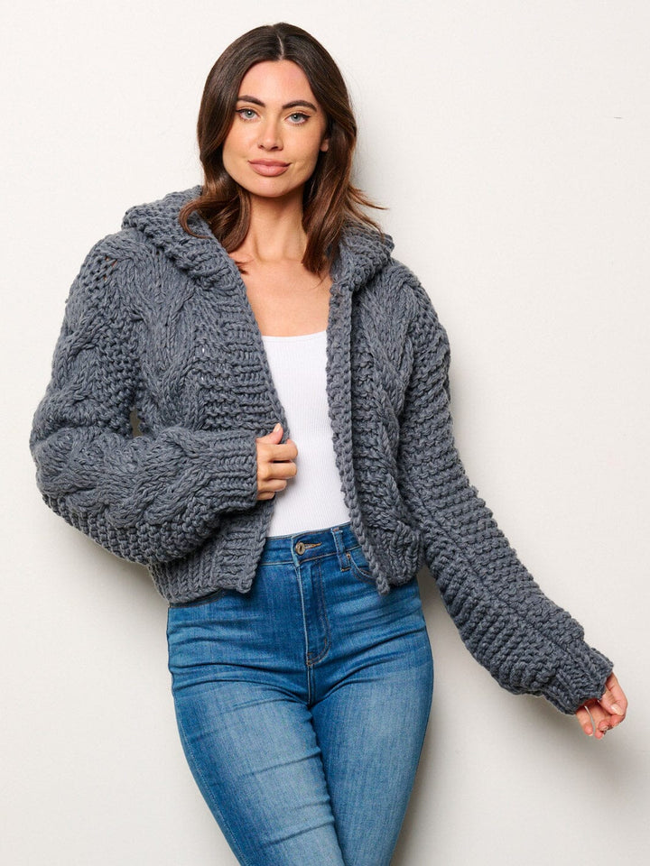 WOMEN'S LONG SLEEVE OPEN FRONT KNITTED HOODED CARDIGAN