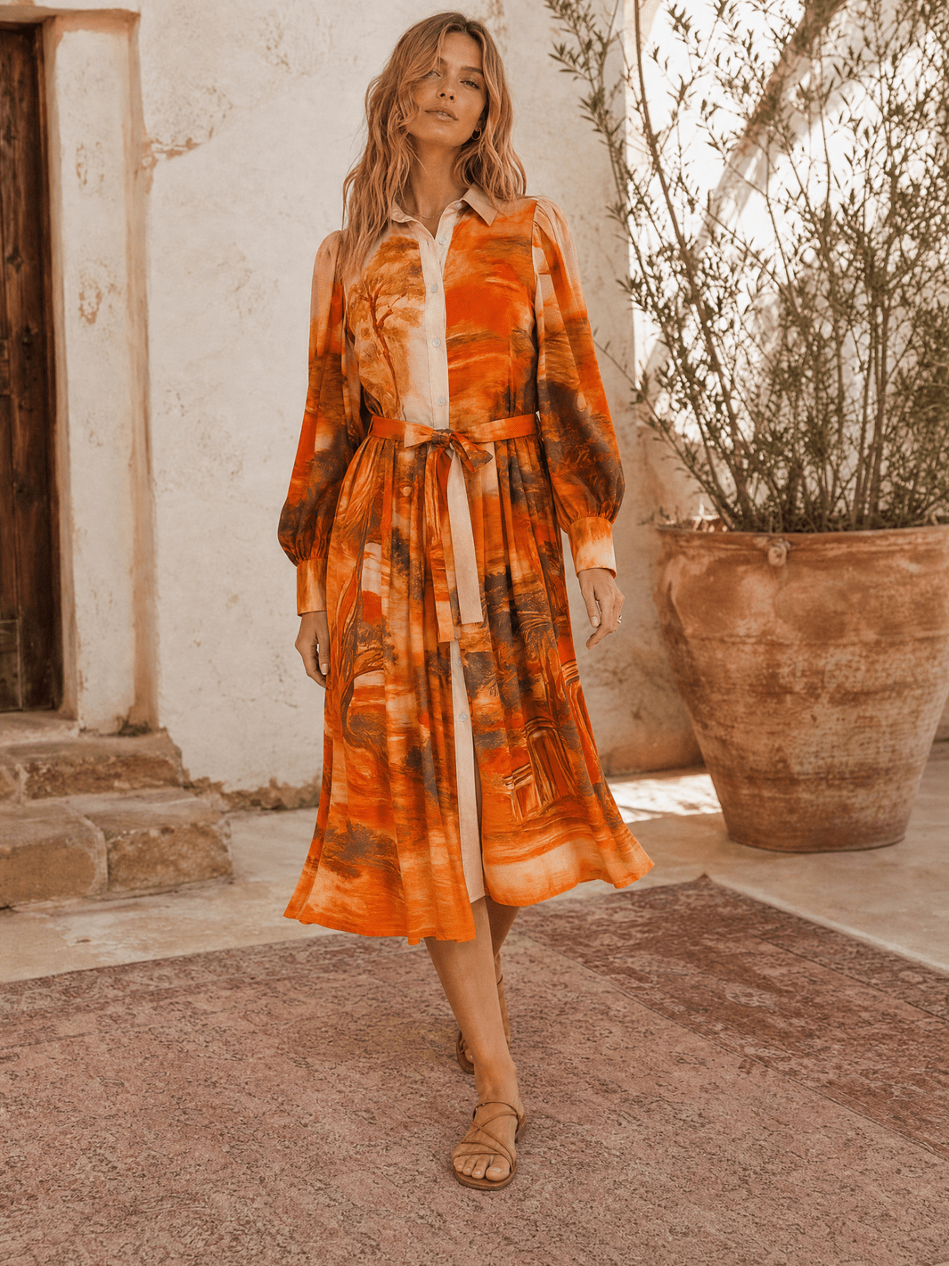 WOMEN'S LONG SLEEVE SELF TIE BUTTON UP MULTI PRINT MIDI DRESS