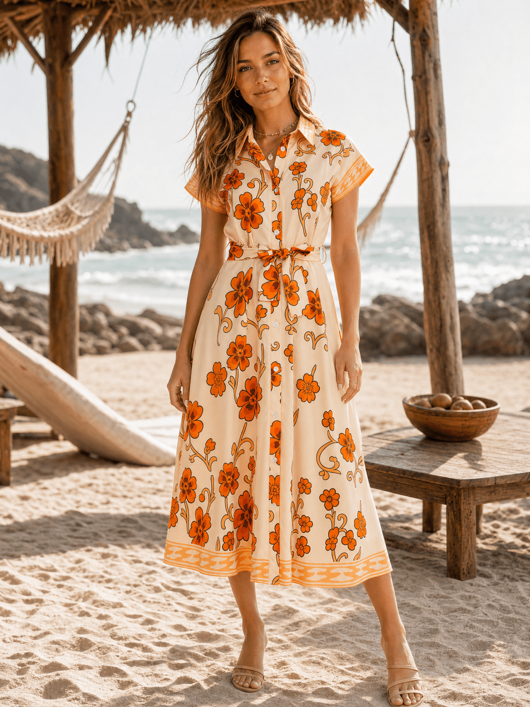 WOMEN'S SHORT SLEEVE SELF TIE BUTTON UP FLORAL PRINT MAXI DRESS