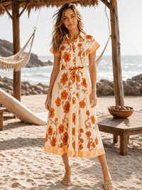 WOMEN'S SHORT SLEEVE SELF TIE BUTTON UP FLORAL PRINT MAXI DRESS