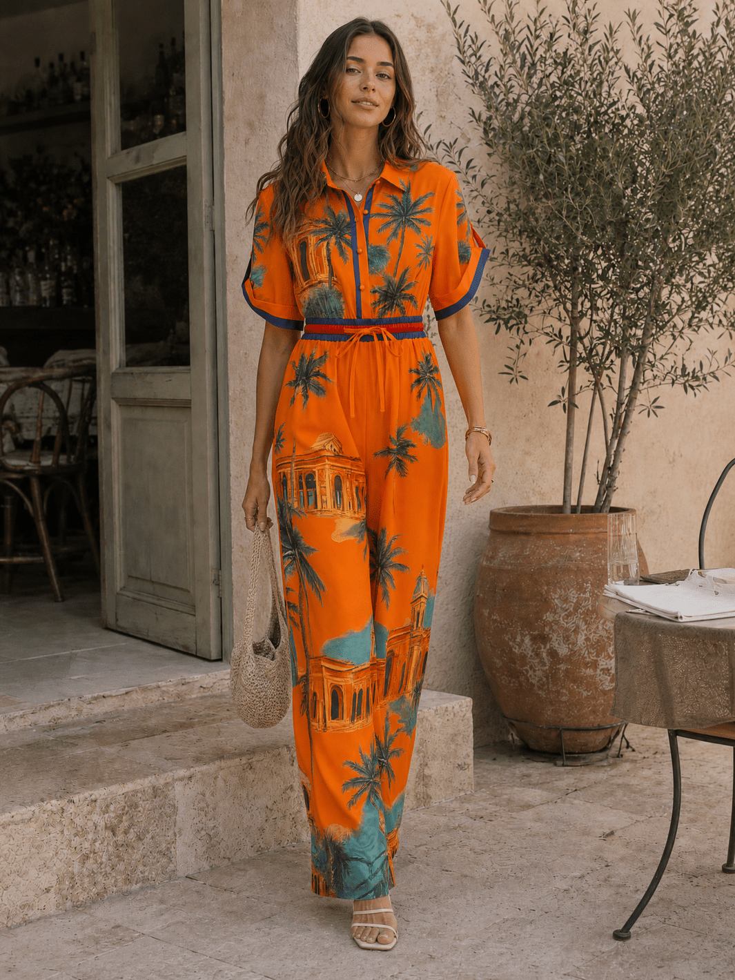 WOMEN'S SHORT SLEEVE BUTTON UP POCKETS ELASTIC WAIST WIDE LEG MULTI PRINT JUMPSUIT