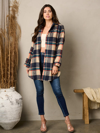 WOMEN'S LONG SLEEVE BUTTON UP POCKETS PLAID JACKET