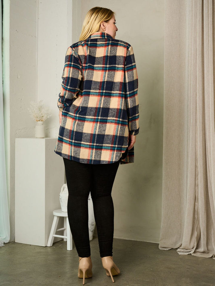 PLUS SIZE LONG SLEEVE BUTTON UP PLAID JACKET