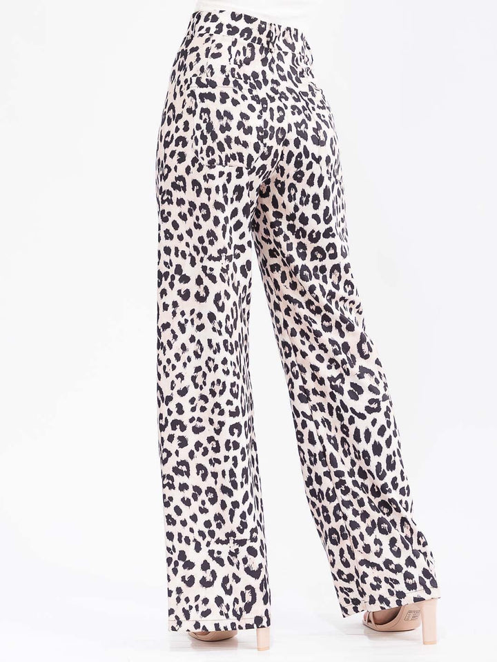 WOMEN'S BUTTON CLOSURE BACK POCKETS WIDE LEG ANIMAL PRINT PANTS