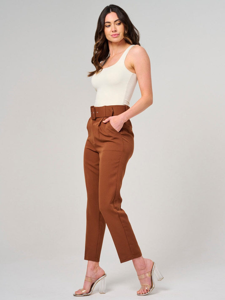 WOMEN'S BUTTON CLOSURE FRONT POCKETS BELTED WIDE LEG PANTS