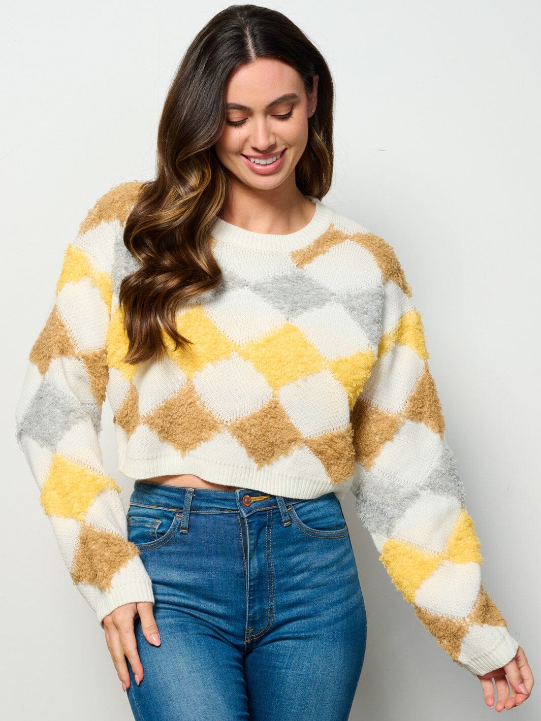 WOMEN'S LONG SLEEVE MULTI COLORS CROP PULLOVER SWEATER