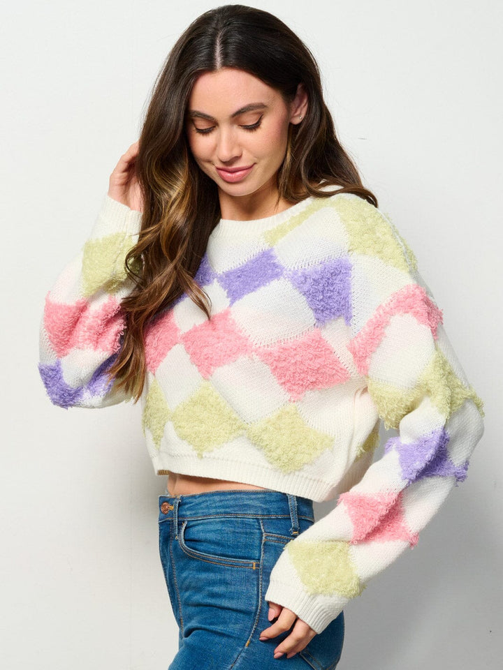 WOMEN'S LONG SLEEVE MULTI COLORS CROP PULLOVER SWEATER
