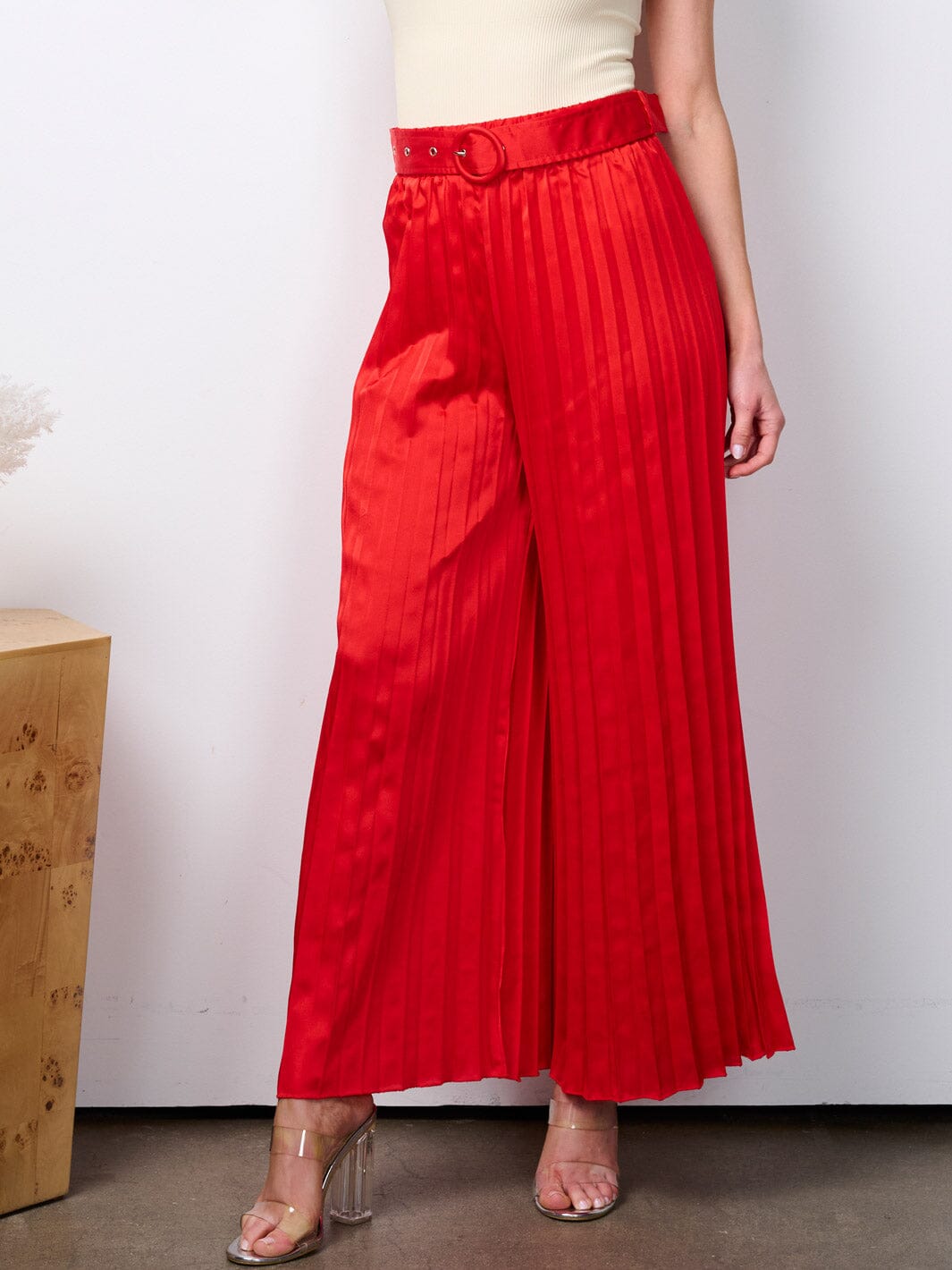 WOMEN'S ELASTIC WAIST BELTED WIDE LED PLEATED PANTS