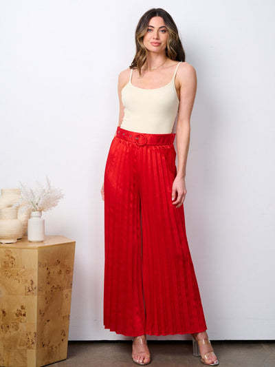WOMEN'S ELASTIC WAIST BELTED WIDE LED PLEATED PANTS