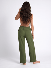 WOMEN'S ELASTIC WAIST FRONT POCKETS SELF TIE WIDE LEG PANTS