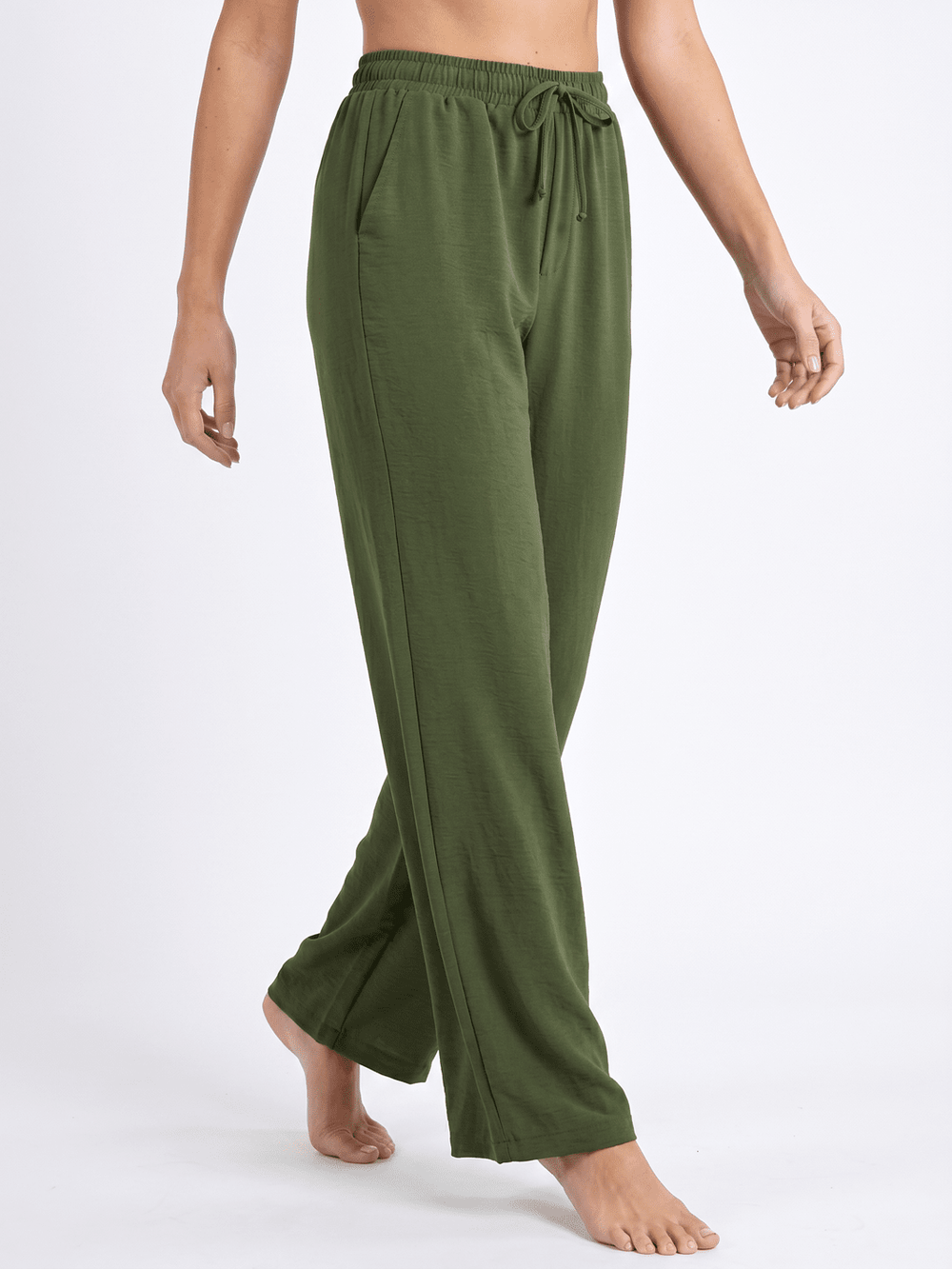 WOMEN'S ELASTIC WAIST FRONT POCKETS SELF TIE WIDE LEG PANTS