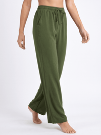WOMEN'S ELASTIC WAIST FRONT POCKETS SELF TIE WIDE LEG PANTS
