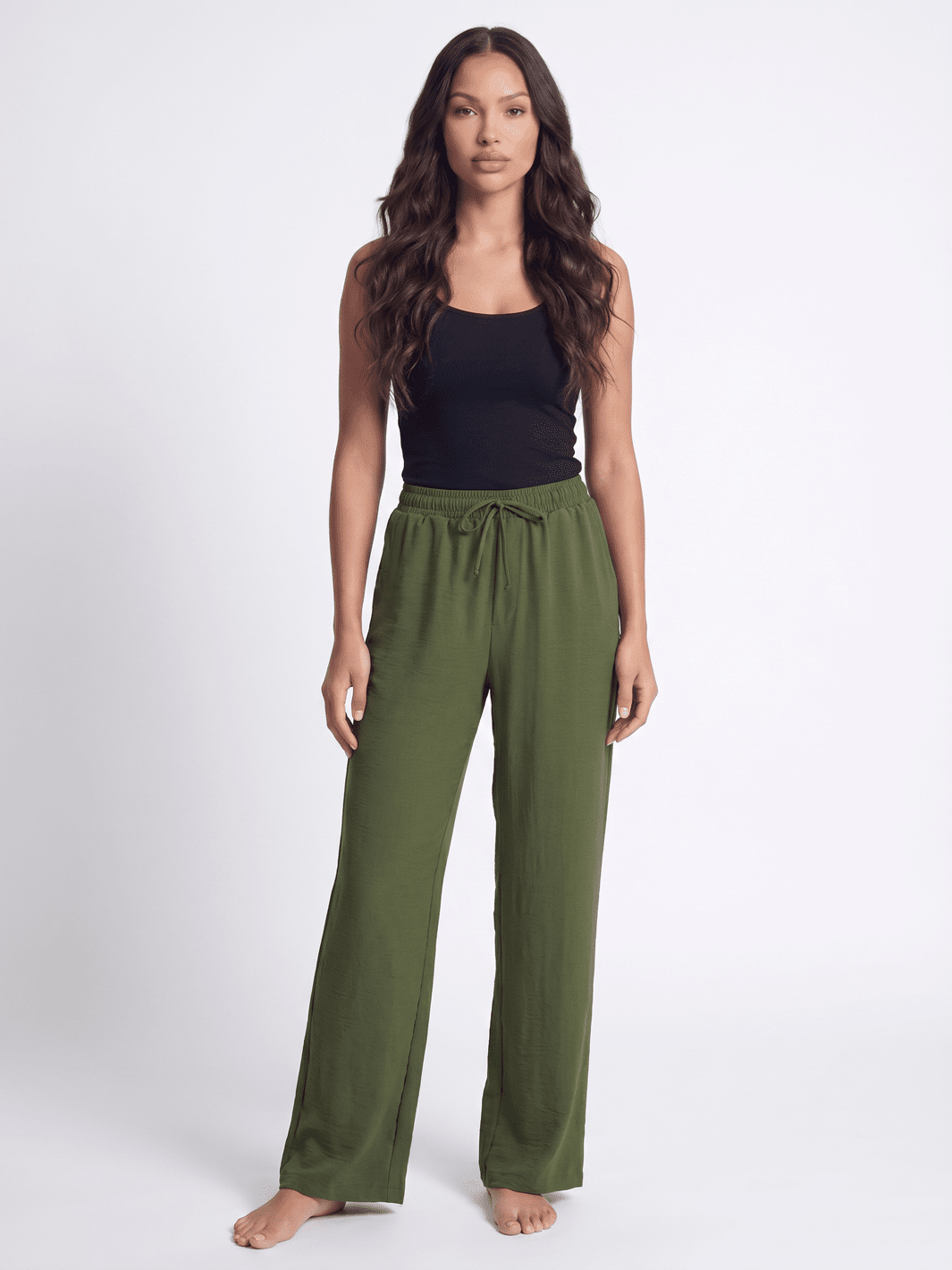 WOMEN'S ELASTIC WAIST FRONT POCKETS SELF TIE WIDE LEG PANTS